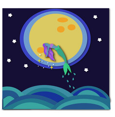 Fototapeta premium Mermaid Paper Cut Art Jumping form the Ocean on the Full Moon