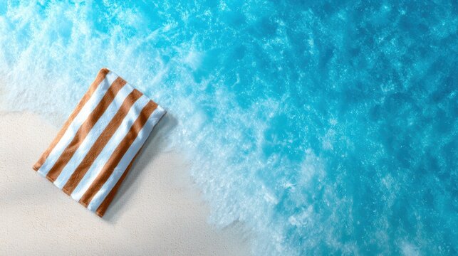 A striped beach towel lies on the sandy shore, beside gently crashing ocean waves, inviting relaxation, leisure, and the refreshing essence of summertime at the beach.