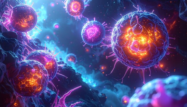 Abstract illustration of glowing virus cells in a vibrant and dynamic environment