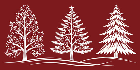 Set of stylized holiday tree outline graphics in PNG format. Fir, spruce, decorative contour elements for overlay designs. in red background