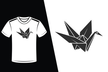 Black origami crane logo on white background and t-shirt graphic Keywords: t-shirt, apparel