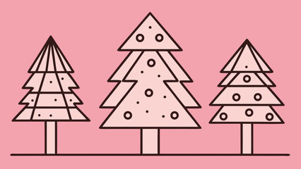 Set of stylized holiday tree outline graphics in PNG format. Fir, spruce, decorative contour elements for overlay designs. in pink background