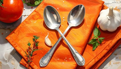 Two metal spoons on orange cloth with garlic, salt, thyme, and chili—evoking preparation, contrast, and the choreography of flavor, ritual, and the tactile intimacy of culinary care.
