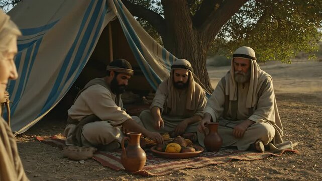 Smiling older woman watches three men in traditional biblical clothing sharing a meal outside a tent, symbolizing hospitality in ancient times.