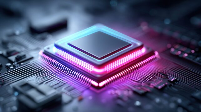 Close-up of a computer processor with vibrant neon lighting and intricate circuitry
