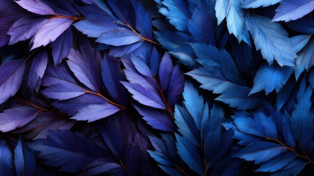 This artistic arrangement showcases a stunning collection of blue and purple leaves, emphasizing their unique textures and colors for decorative or design purposes.