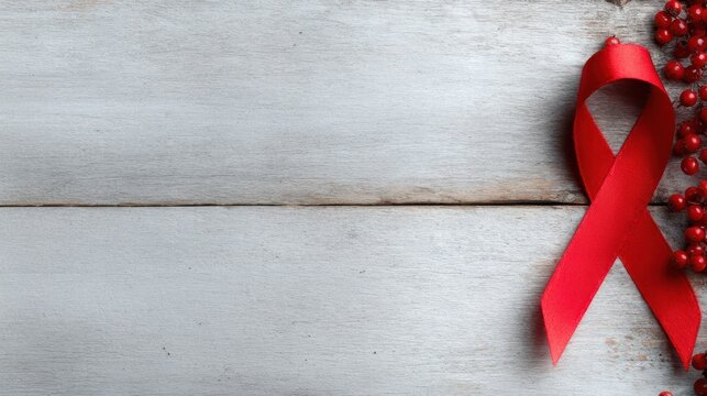 A striking red ribbon sits elegantly beside festive red berries on a rustic wooden surface, creating a strong visual symbol for awareness and support. - Powered by Adobe