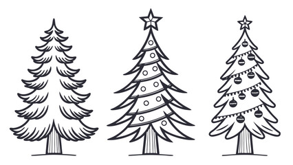 Set of stylized holiday tree outline graphics in PNG format. Fir, spruce, decorative contour elements for overlay designs. in white background