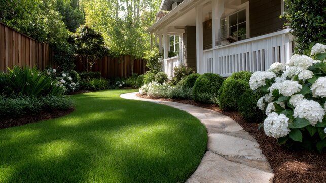 A picturesque garden pathway surrounded by blooming flowers and lush greenery, exuding serenity and inviting viewers into a tranquil outdoor escape.
