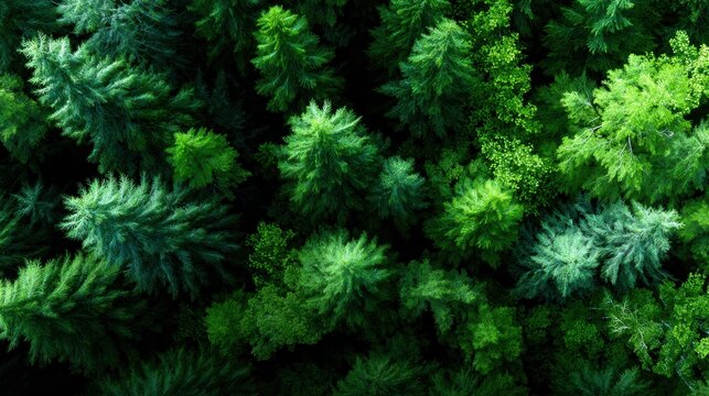 An aerial view showcasing a lush green canopy of various trees, reflecting nature’s diversity and richness, inviting feelings of tranquility and connection with the environment.