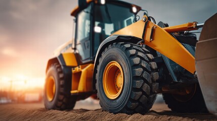 Obraz premium Close-up of a yellow construction loader on a construction site at sunset.