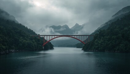 Red arch bridge over serene lake surrounded by misty mountains