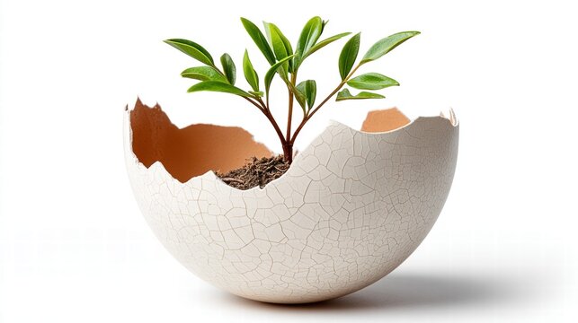 A plant growing inside a cracked eggshell on a white background.