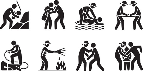 Rescue and lifeguard icons set. Water, emergency, help, safety, rescue, swimmer, lifeguard, service, accident, protection, team, first aid, professional, recovery, marine, rescue, save, danger, urgenc