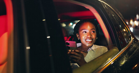 Night, thinking and happy woman by car window with cellphone, transportation or remember memory. Dark city perspective, mobile or black person with town admiration, travel or taxi trip for reflection