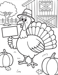 Cartoon turkey wearing a pilgrim hat holds sign near pumpkins and barn ready for coloring
