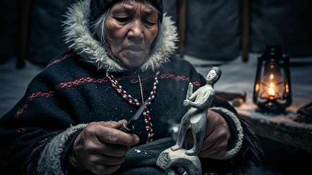 Elderly Indigenous Woman Carving a Small Figure by Lantern Light.