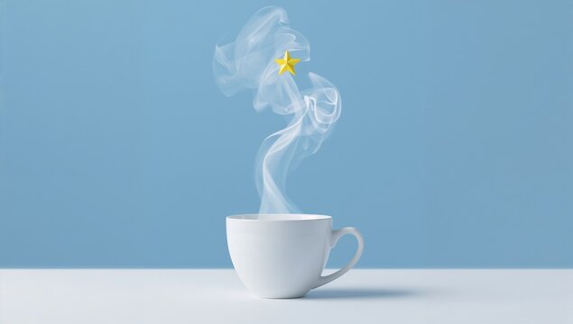 Hot beverage with star rising from steam in white mug, blue background.