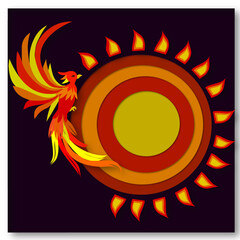 Phoenix Paper Cut Illustration with Fiery Wings Fly to the Sun