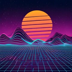 Retro Wave Landscape with Sun and Grid, Synthwave Aesthetic.