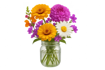 Colorful summer flower bouquet in glass jar