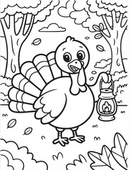Turkey in forest with a lantern stands on the ground in black and white outline, page, kids, coloring page, book, printable, easy, coloring, pages