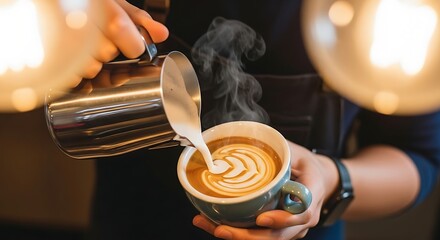 Barista Crafting Latte Art - A Close-Up of Coffee Creation.