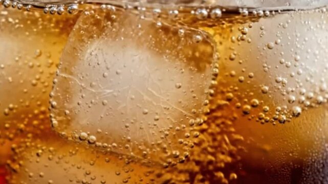 Closeup view of a glass of cola with ice cubes showing condensation bubbles on the ice - Powered by Adobe