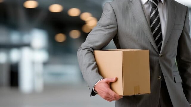 Business professional carries a package through a busy office environment while wearing a suit and looking focused on the task at hand