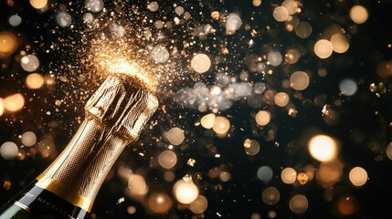 Close-up of champagne cork popping with glitter explosion and glowing  numbers, representing excitement for the New Year celebration