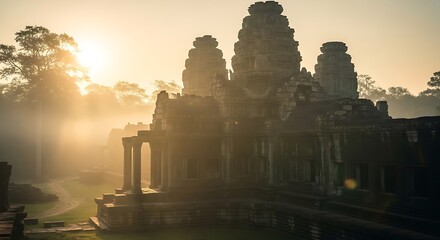Angkor Thom Bayon Temple at Sunrise - A Mystical Cambodian Landmark.