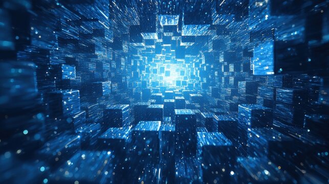 Fototapeta Abstract Digital Tunnel with Blue Light and 3D Cubes