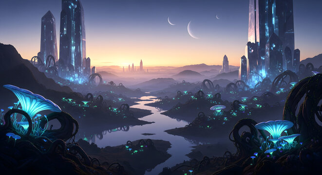 Fantasy Alien Landscape with Gigantic Glowing Crystal Structures and Bioluminescent Mushrooms at Dusk