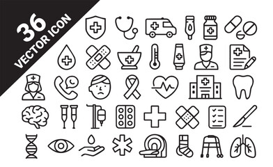 Health Care and Medical Line Vector Icons Set. Clinic and Hospital Outline Symbols Collection.