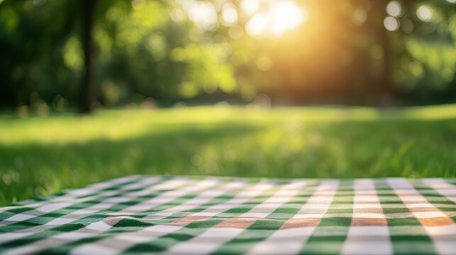 Close-up of checkered picnic tablecloth on fresh green grass with soft sunlight and blurred nature background, symbolizing relaxation and leisure