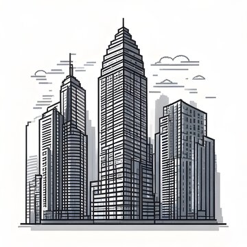 Monochrome cityscape illustration with skyscrapers and clouds.