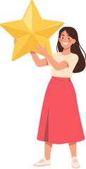 Flat Design Cheerful Girl Holding Big Golden Star Achievement Illustration