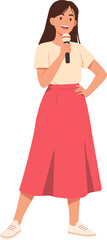 Flat Cartoon Woman Illustration Speaking on Microphone Performing on Stage
