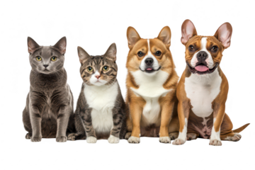 A group of four adorable pets including a gray cat. tabby cat. Corgi. and French Bulldog. sitting together on a white background. their unique personalities and playful nature