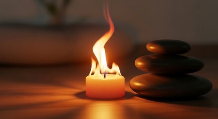 Candlelight and stacked stones create a serene atmosphere.