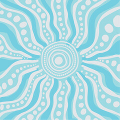 A soft blue Aboriginal-style artwork featuring a central sunburst with radiating wavy lines and dotted patterns.