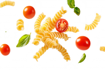 A arrangement of spiral pasta. fresh basil leaves. and cherry tomatoes floating against a soft. neutral background. the ingredients for a delicious Italian dish
