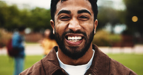 Portrait, college student or man on campus with smile for scholarship, education or degree choice. Confident, happy person outdoor or pride at university for learning, knowledge or study opportunity.