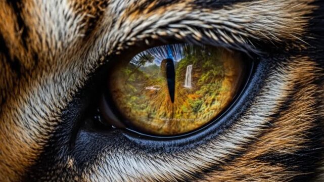 Extreme closeup of a tigers ambercolored eye set within its patterned fur