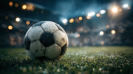 Fototapeta premium Dynamic Soccer Ball on Rainy Field with Spectators in Background
