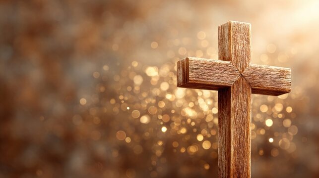 Wooden cross with bokeh background, representing faith, spirituality, and Christianity
