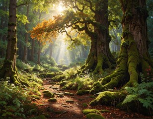 A sunlit path winds through a moss-covered forest, framed by ancient trees and dappled light, creating a serene atmosphere