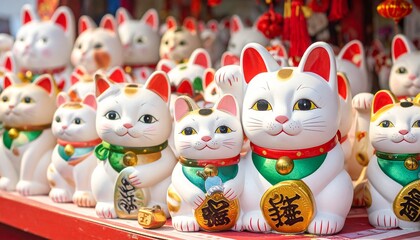 Fototapeta premium A row of white Maneki-neko figurines with raised paws, red collars, and gold coins—evoking ritual, repetition, cultural symbolism, and the choreography of luck, prosperity, and beckoning gesture.