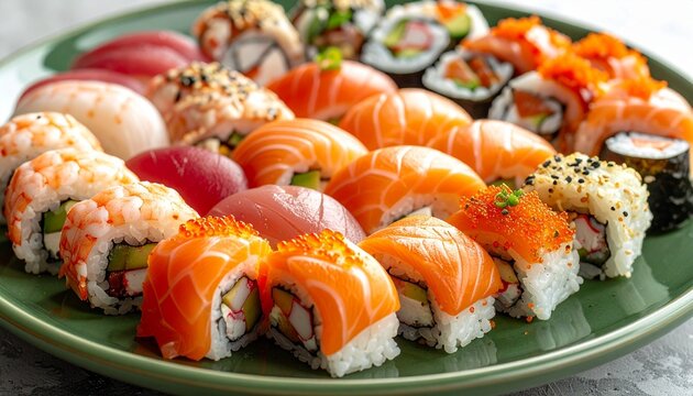 A green ceramic plate with assorted sushi rolls, chopsticks, and wasabi—evoking precision, ritual, freshness, and the choreography of cultural identity, texture, and curated nourishment.