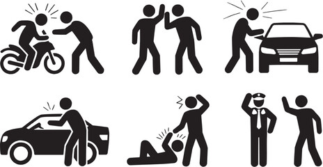 Accident and safety icons set. Danger, help, medical, injury, emergency, recovery, rescue, support, transportation, protection, healthcare, caution, attention, road, prevention, worker, risk, accident